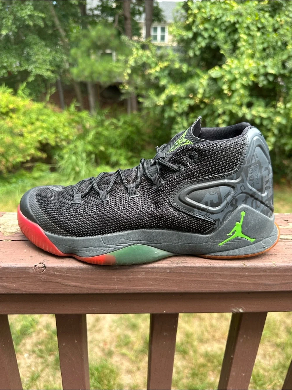 Jordan Melo 12 Dungeon Sneakers with Red Accent and Neon Green Jumpman Size 11